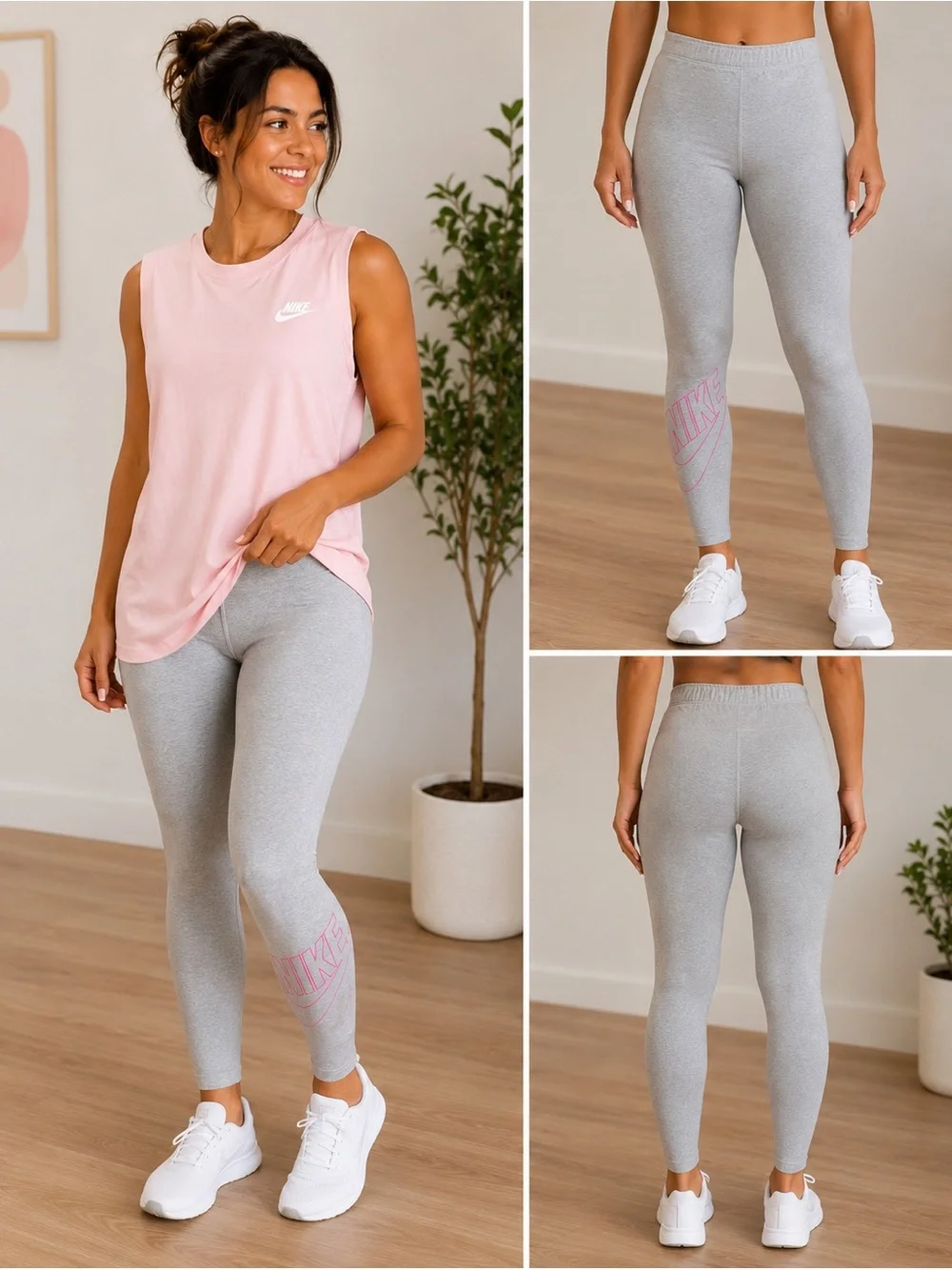 Nike Light Gray Leggings with Pink Logo